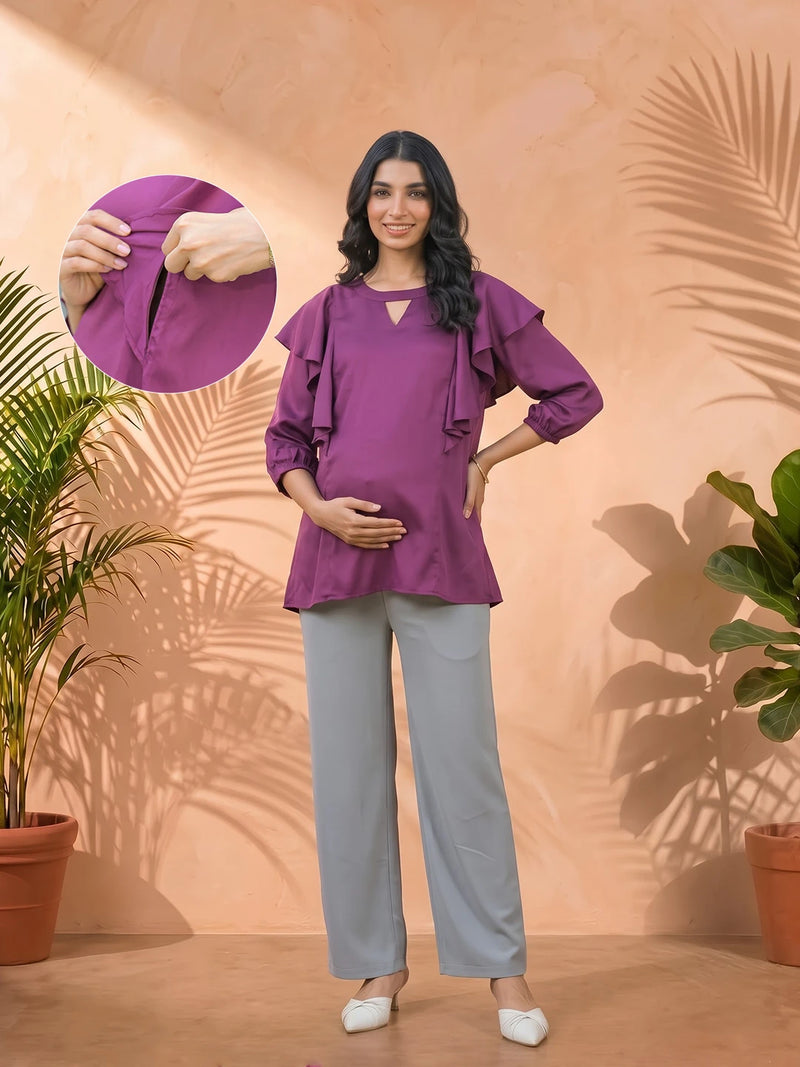 Plum Jewell Neck Ruffled Maternity & Feeding Top with Concealed Zipper
