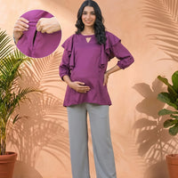 Plum Jewell Neck Ruffled Maternity & Feeding Top with Concealed Zipper