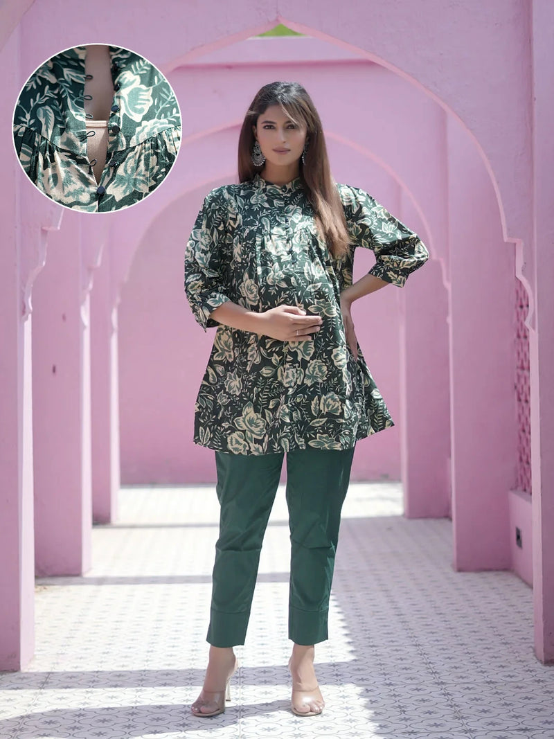 Bottle Green Floral Printed Maternity & Feeding Friendly Cotton Co-ord Set