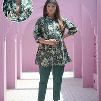 Bottle Green Floral Printed Maternity & Feeding Friendly Cotton Co-ord Set