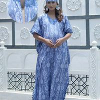 Blue Ikat Print Maternity & Feeding Kaftan Dress
