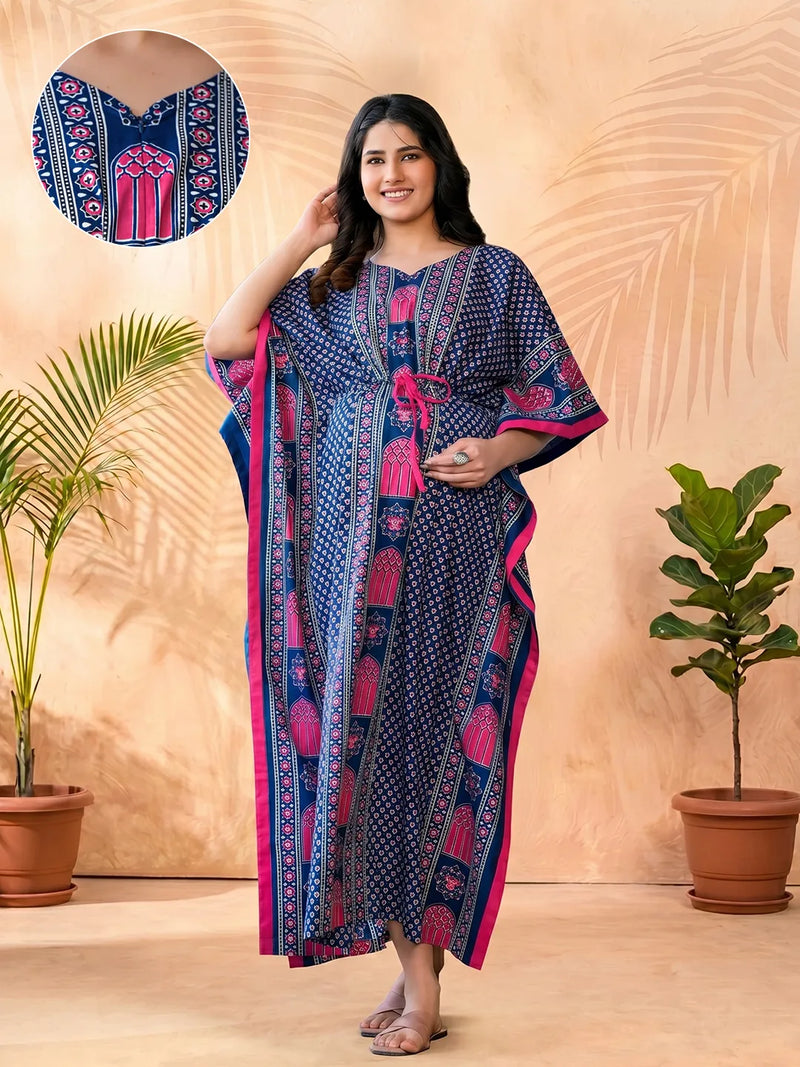 Indigo Multi Ethnic Motifs Printed Maternity Feeding Kaftan Dress