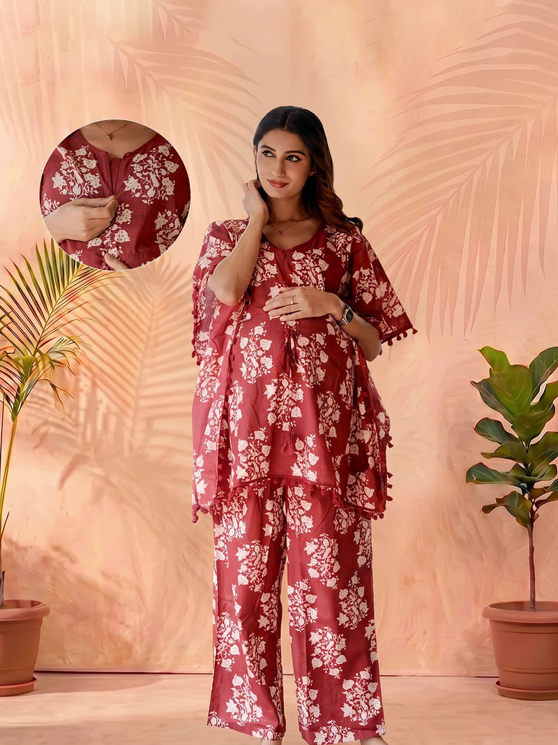 Maroon Printed Cotton Maternity Feeding-Friendly Kaftan Night Suit