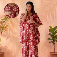 Maroon Printed Cotton Maternity Feeding-Friendly Kaftan Night Suit