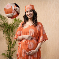 Orange Ethnic Print Maternity & Feeding Kaftan Dress