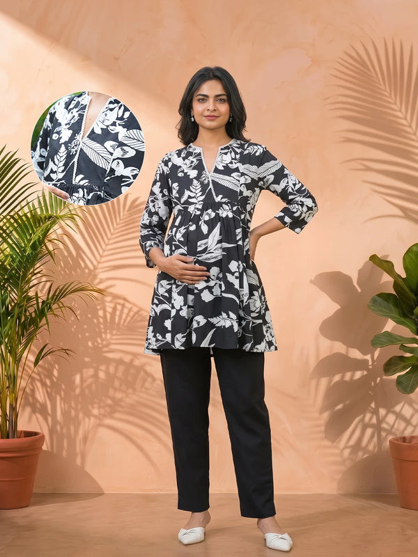 Black White Floral Print Cotton Maternity Feeding-Friendly Top