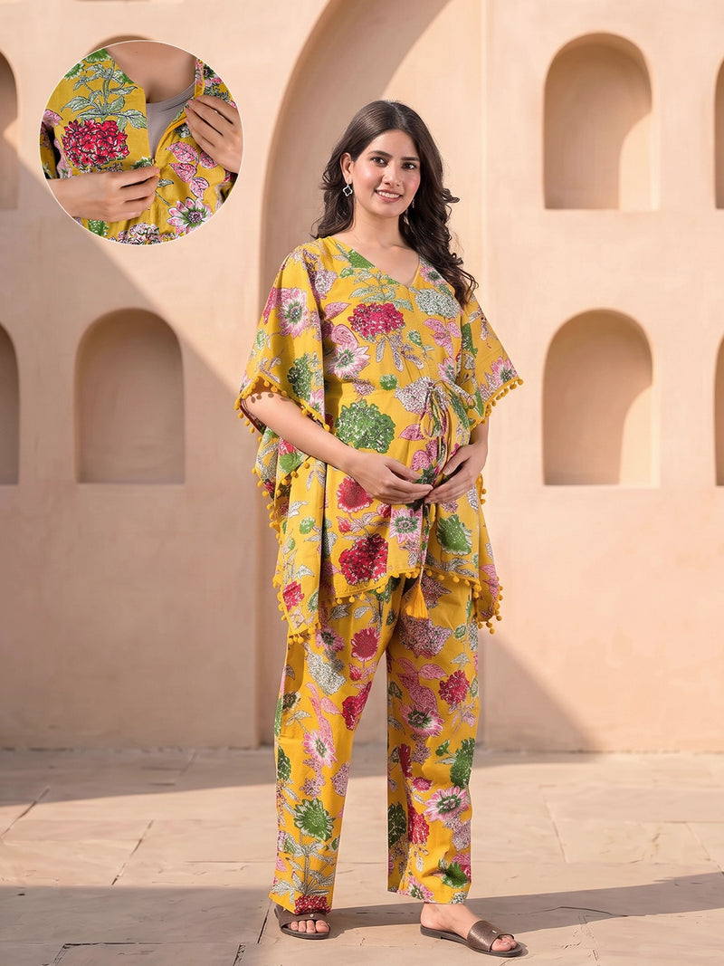mustard-multi-floral-printed-maternity feeding-friendly-kaftan-night-suit