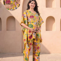 Mustard Multi Floral Printed Maternity Feeding-Friendly Kaftan Night Suit with Concealed Zipper