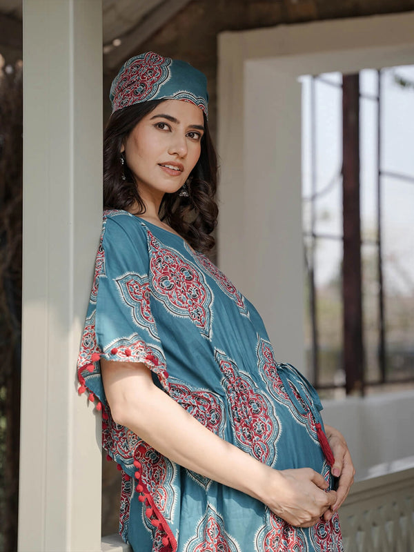 Teal Blue Ethnic Printed Maternity & Feeding Kaftan Dress with Concealed Zipper