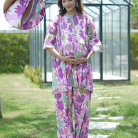Lavender Purple Tropical Printed Maternity & Feeding Friendly Cotton Co-ord Set