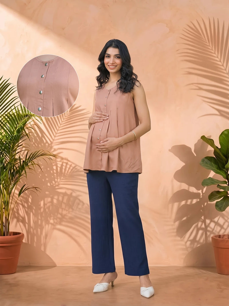 Taupe Green Pleated Maternity Feeding-Friendly Top