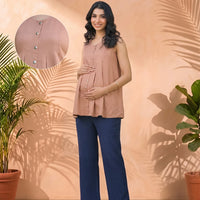 Taupe Green Pleated Maternity Feeding-Friendly Top