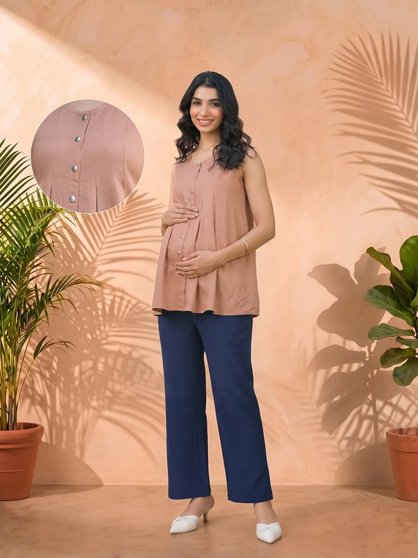 Taupe Green Pleated Maternity Feeding-Friendly Top