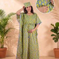 Grey Yellow Floral Print Cotton Maternity Feeding-Friendly Kaftan Dress