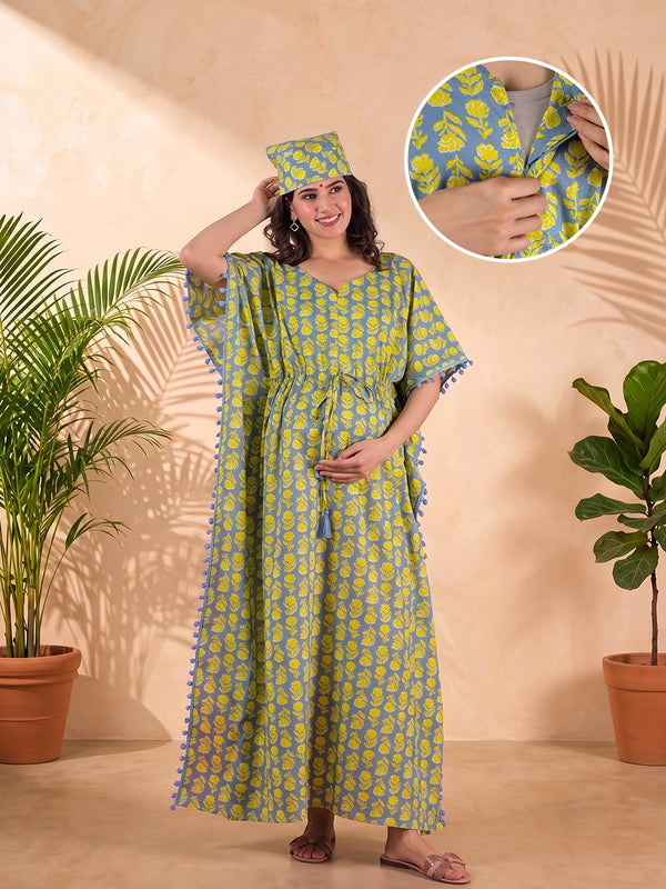 Grey Yellow Floral Print Cotton Maternity Feeding-Friendly Kaftan Dress