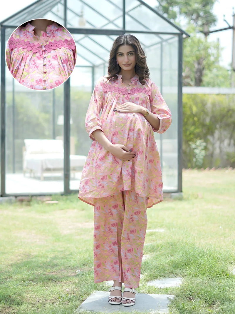 Peach Floral Printed Maternity & Feeding Friendly Cotton Co-ord Set