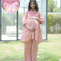 Peach Floral Printed Maternity & Feeding Friendly Cotton Co-ord Set