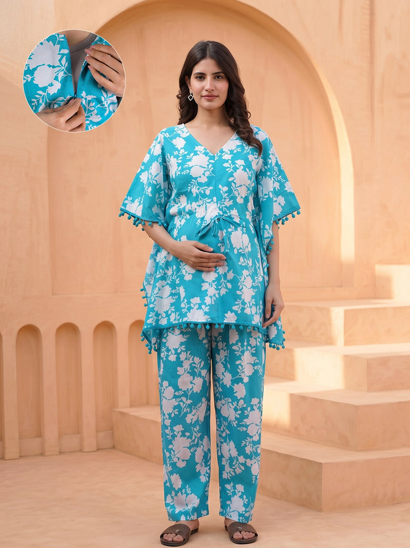 turquoise-white-floral-print-maternity-feeding-friendly-kaftan-night-suit-with-concealed-zipper
