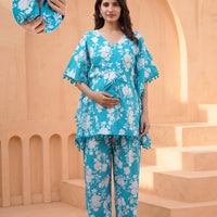 Turquoise White Floral Print Maternity Feeding-Friendly Kaftan Night Suit with Concealed Zipper