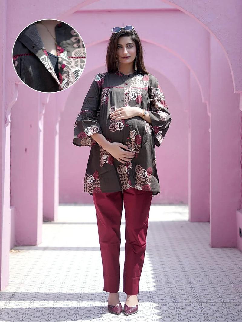 Brown Maroon Ethnic Printed Maternity & Feeding Friendly Cotton Co-ord Set