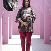 Brown Maroon Ethnic Printed Maternity & Feeding Friendly Cotton Co-ord Set