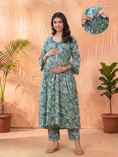 Teal Green Cotton Printed Maternity & Feeding Kurta Set with Dupatta