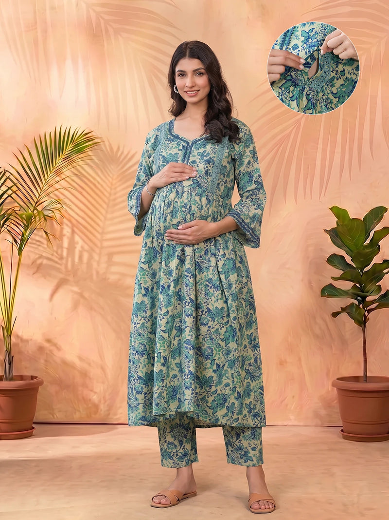 Teal Green Cotton Printed Maternity & Feeding Kurta Set with Dupatta