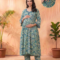 Teal Green Cotton Printed Maternity & Feeding Kurta Set with Dupatta