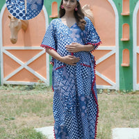 Indigo Ethnic Print Maternity & Feeding Kaftan Dress