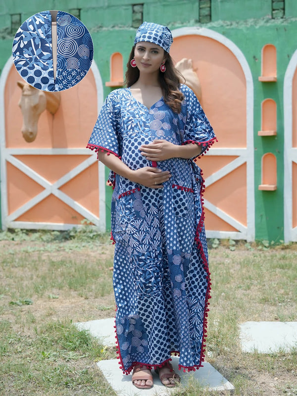 Indigo Ethnic Print Maternity & Feeding Kaftan Dress
