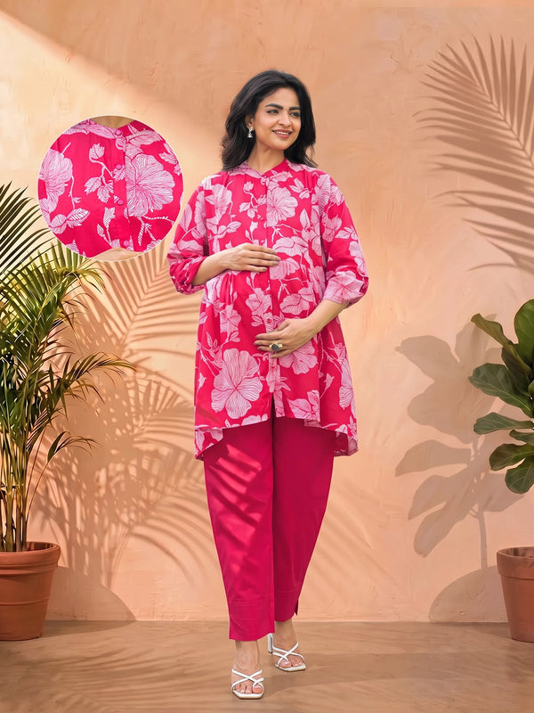 Fuchsia Floral Print Cotton Maternity Feeding-Friendly Top