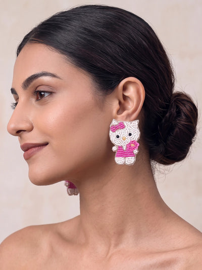 Cute Kitty Mom Handcrafted Beaded Statement Earrings – Pink