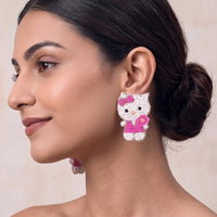 Cute Kitty Mom Handcrafted Beaded Statement Earrings – Pink
