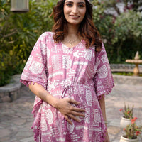 Mauve Ethnic Print Maternity & Feeding Kaftan Dress with Concealed Zipper