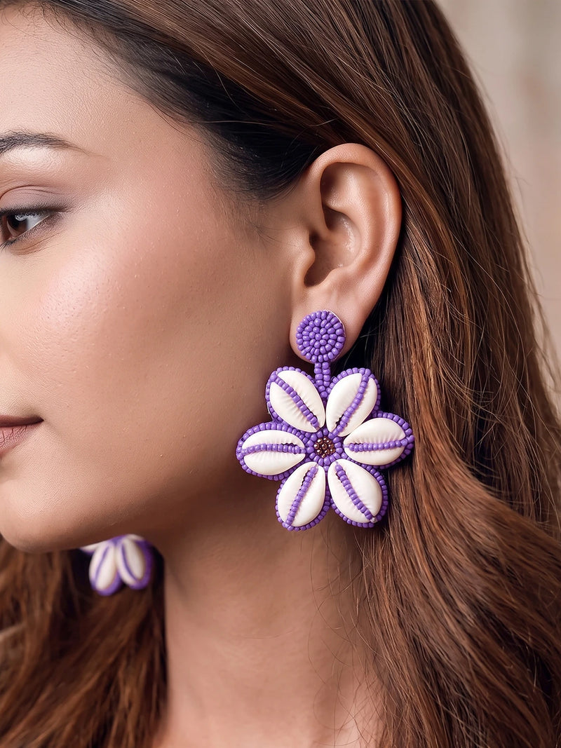 Handcrafted Seashell Charm Flower Statement Earrings – White Purple