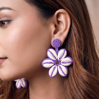 Handcrafted Seashell Charm Flower Statement Earrings – White Purple