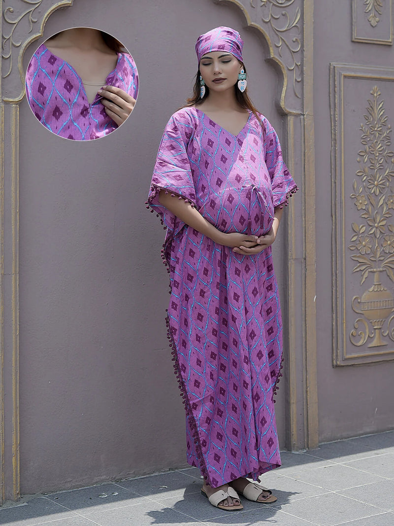 Mauve Ikat Print Maternity & Feeding Kaftan Dress