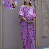 Mauve Ikat Print Maternity & Feeding Kaftan Dress