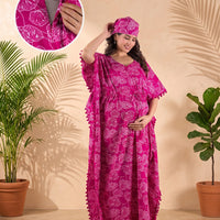 Wine White Floral Print Cotton Maternity Feeding-Friendly Kaftan Dress
