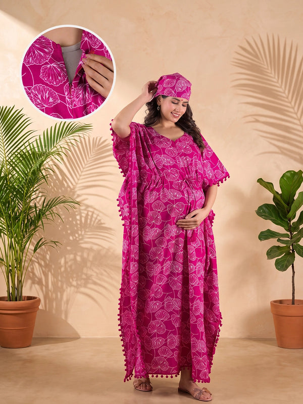 Wine White Floral Print Cotton Maternity Feeding-Friendly Kaftan Dress