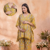 Mustard Geometric Print Maternity Feeding Kaftan Night Suit