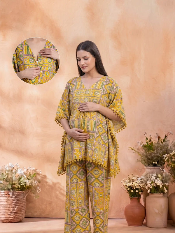 Mustard Geometric Print Maternity Feeding Kaftan Night Suit