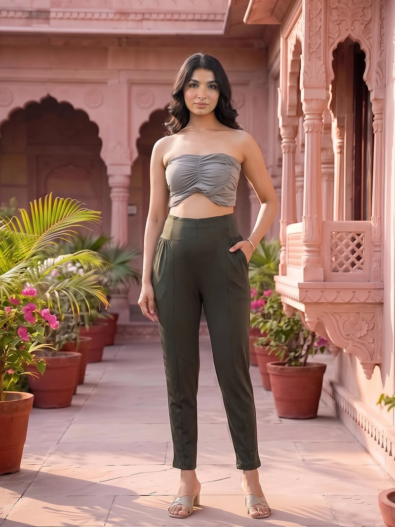 Olive Green Mid-Rise Stretch Waist Maternity Comfort Pant