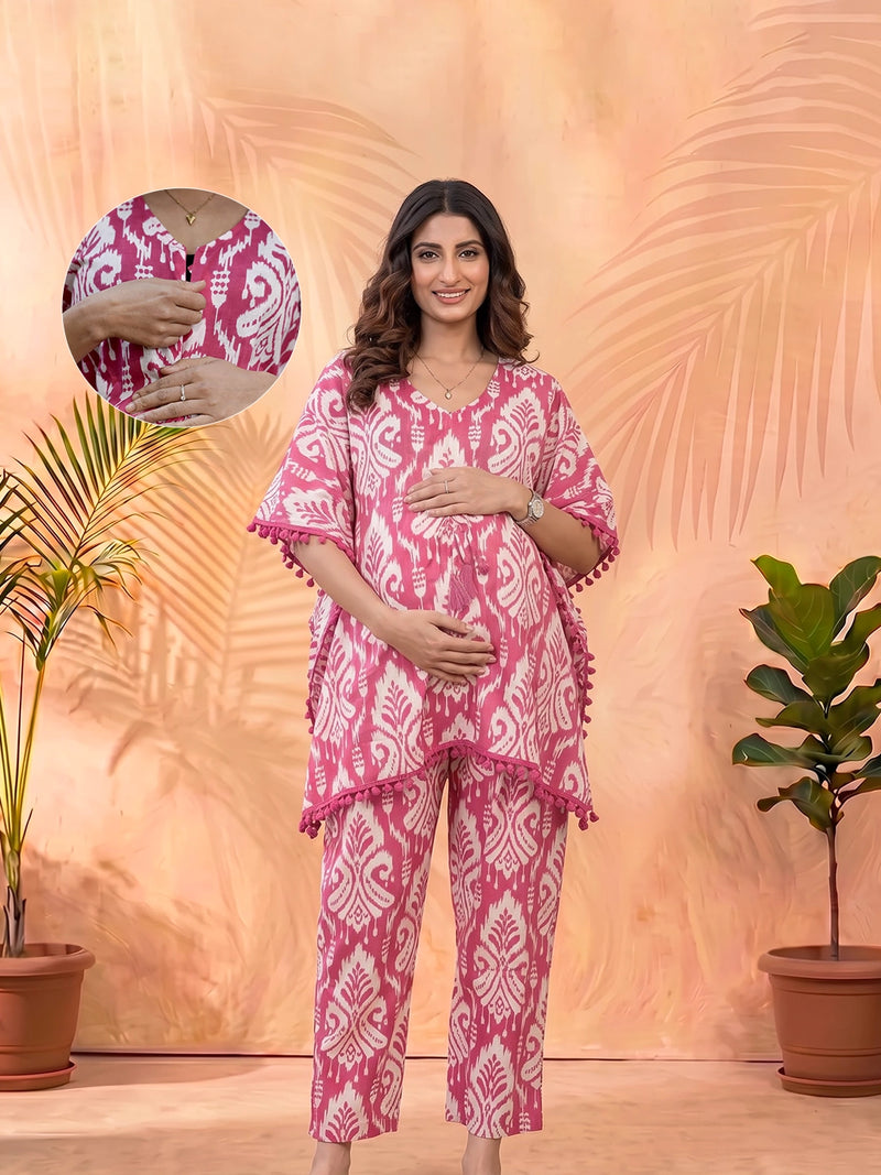 Fuchsia Printed Cotton Maternity Feeding-Friendly Kaftan Night Suit