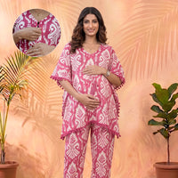 Fuchsia Printed Cotton Maternity Feeding-Friendly Kaftan Night Suit