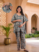 grey-ethnic-motifs-print-maternity feeding-friendly-kaftan-night-suit