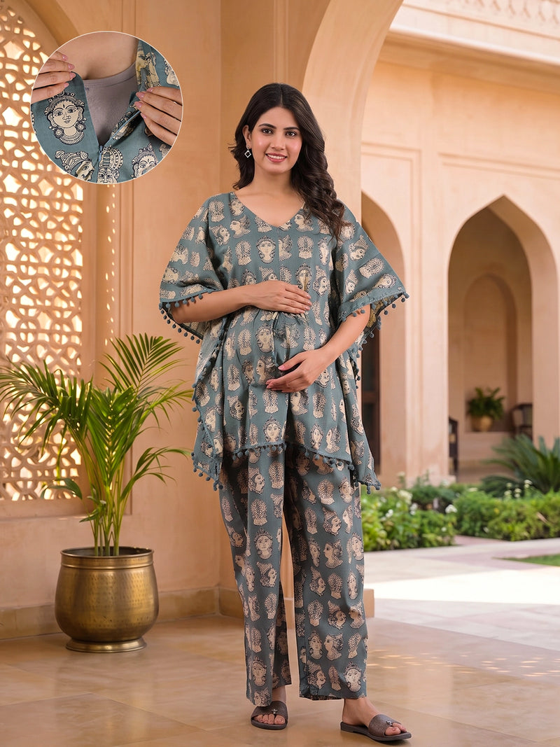 grey-ethnic-motifs-print-maternity feeding-friendly-kaftan-night-suit