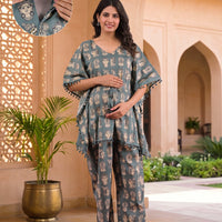 Grey Ethnic Motifs Print Maternity Feeding-Friendly Kaftan Night Suit with Concealed Zipper