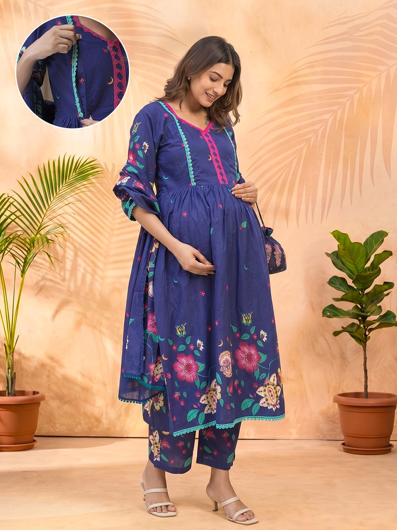 Royal Blue Floral Printed Maternity Feeding Kurta Set with Dupatta