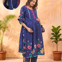 Royal Blue Floral Printed Maternity Feeding Kurta Set with Dupatta